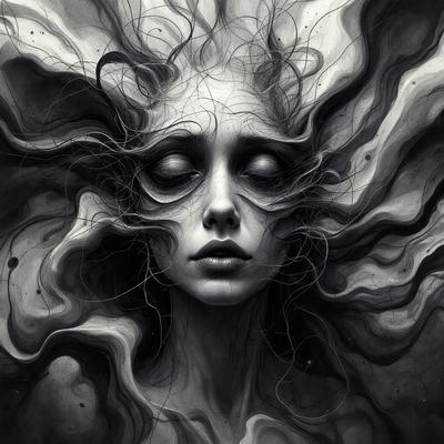 The primary subject of the image is a woman with long hair, who appears to be sleeping. She has a peaceful and serene expression on her face. The setting is a dark, moody environment, which adds to the overall atmosphere of the image. The visual style is a black and white drawing, giving the image a classic and timeless feel. The colors and mood of the image are predominantly dark and dramatic, with the woman's hair and facial features being the main focus.